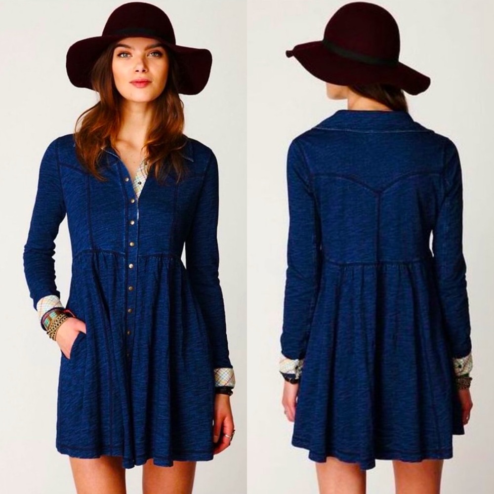 FREE PEOPLE “Indigo Knit Babydoll Shirtdress”